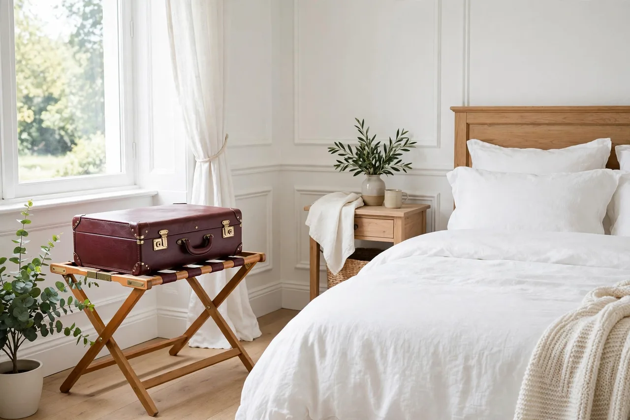 Open suitcase on a wooden luggage rack at the foot of a guest bed