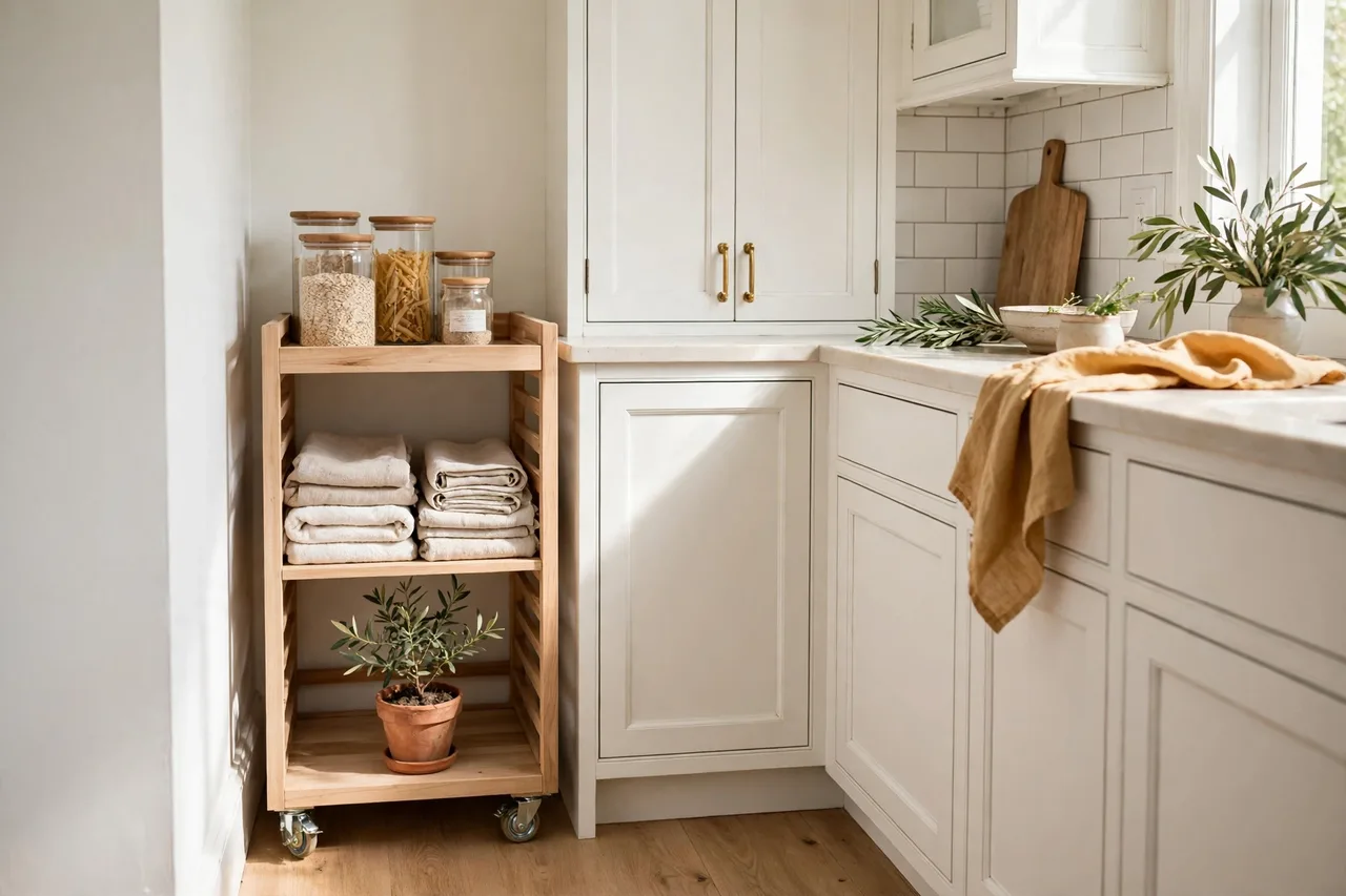 Slim rolling cart beside a kitchen counter with jars and a plant
