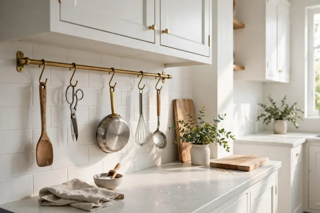 Brass wall rail with hooks holding utensils and a small pan