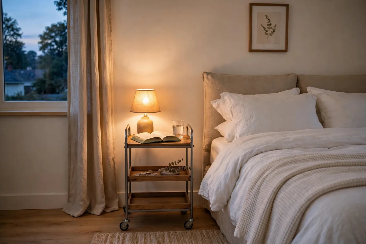 Slim rolling cart as a nightstand glowing with a lamp in the evening