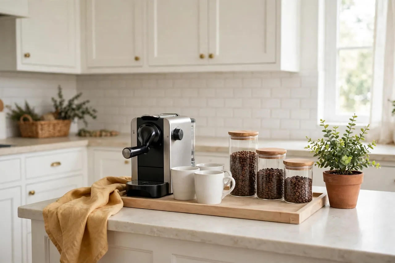 Cozy coffee corner with machine, bean jar and white mugs