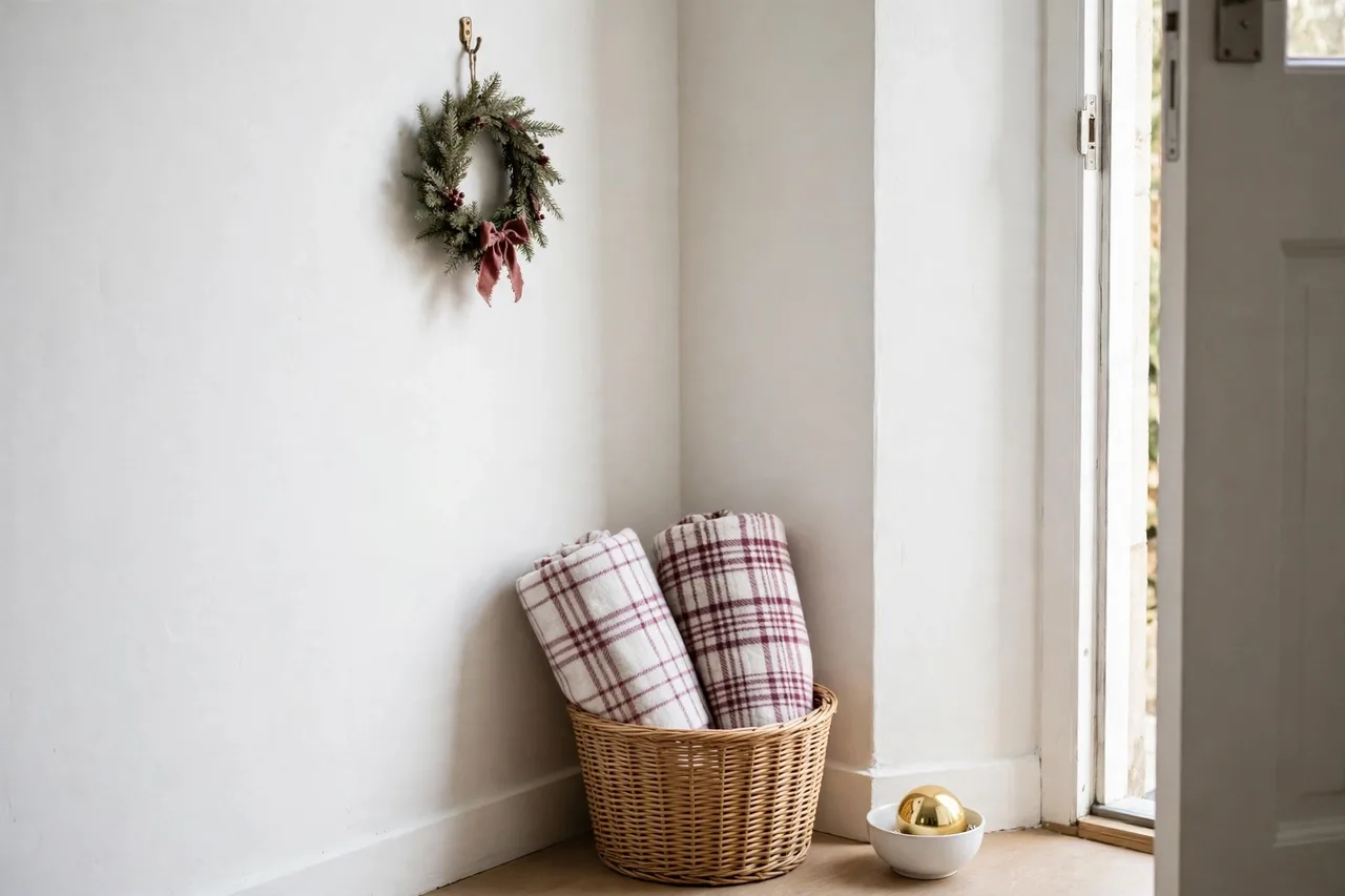 Entryway with wreath plaid blankets and gold ornament bowl