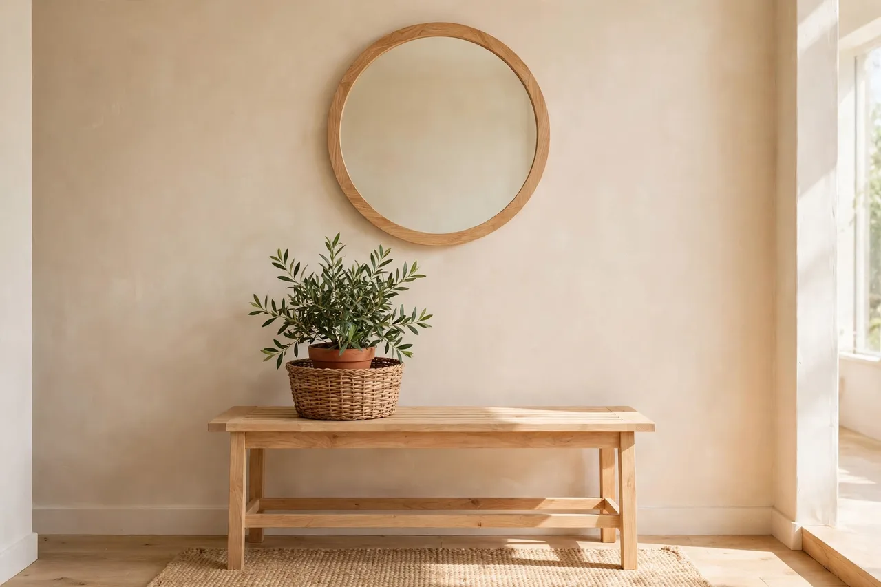 Warm minimalist entryway with console, woven basket and framed print
