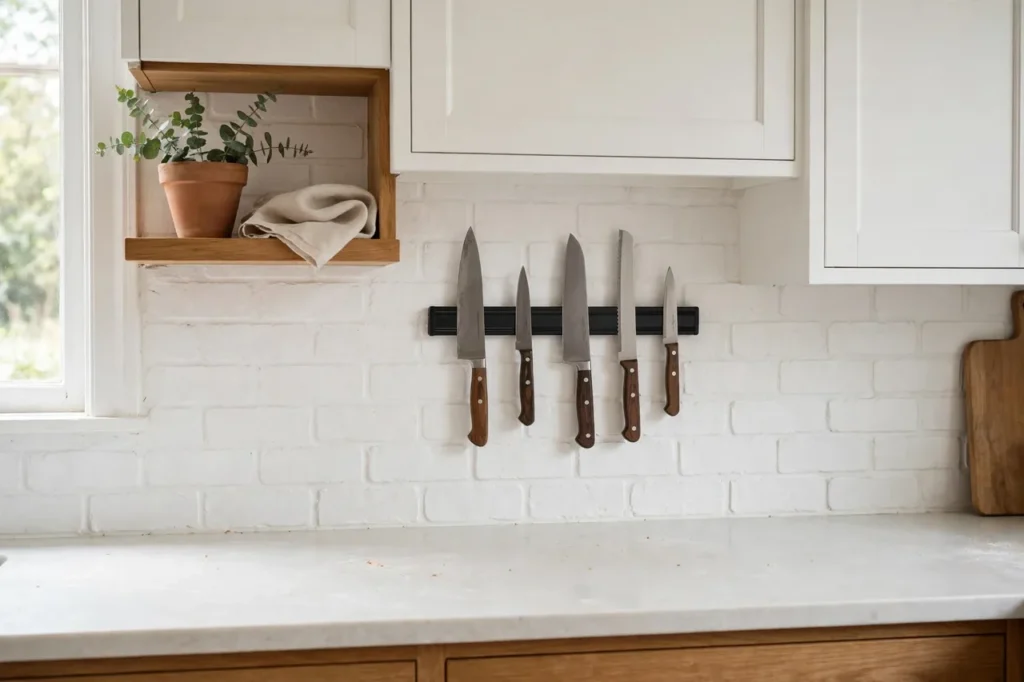 Magnetic knife strip with knives on a white tiled kitchen wall