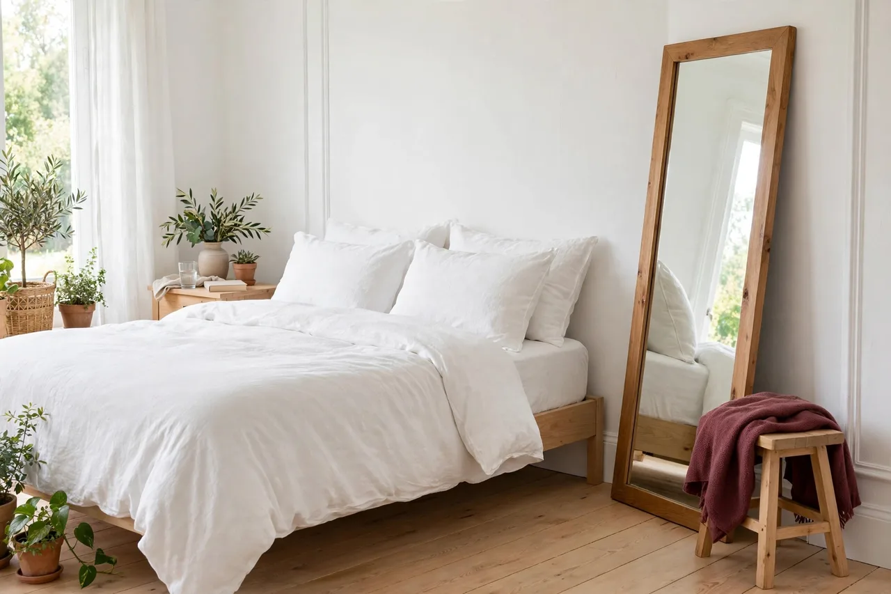 Full-length mirror leaning in the corner of a guest bedroom