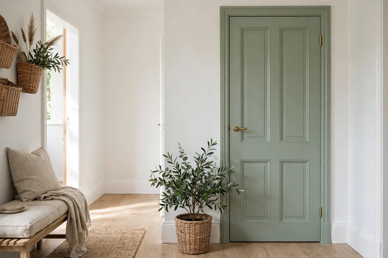 One thing painted: a soft sage door in a white hallway