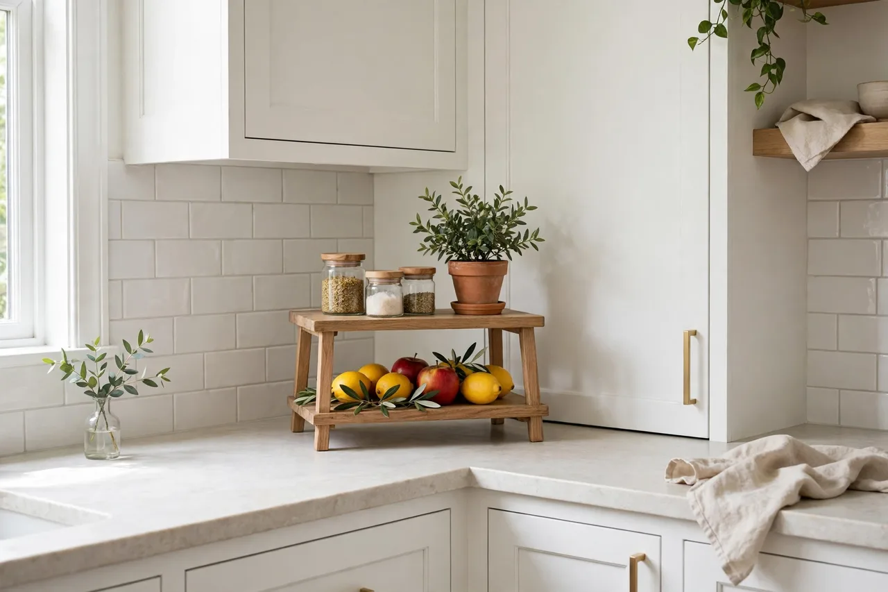 Two-tier stand in a counter corner with fruit and jars