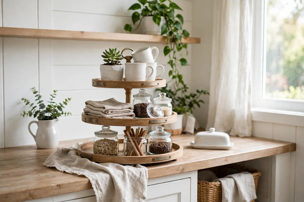 Tiered tray with sugar bowl, spoons and a tiny plant at a coffee bar