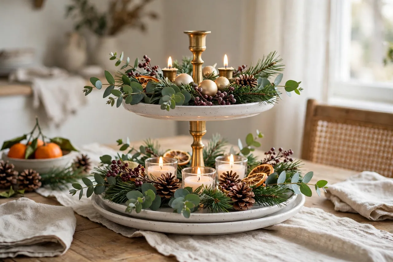 Two-tier tray centerpiece with ornaments, greenery and candles