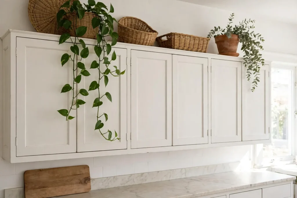 Baskets and a trailing plant styled above white kitchen cabinets