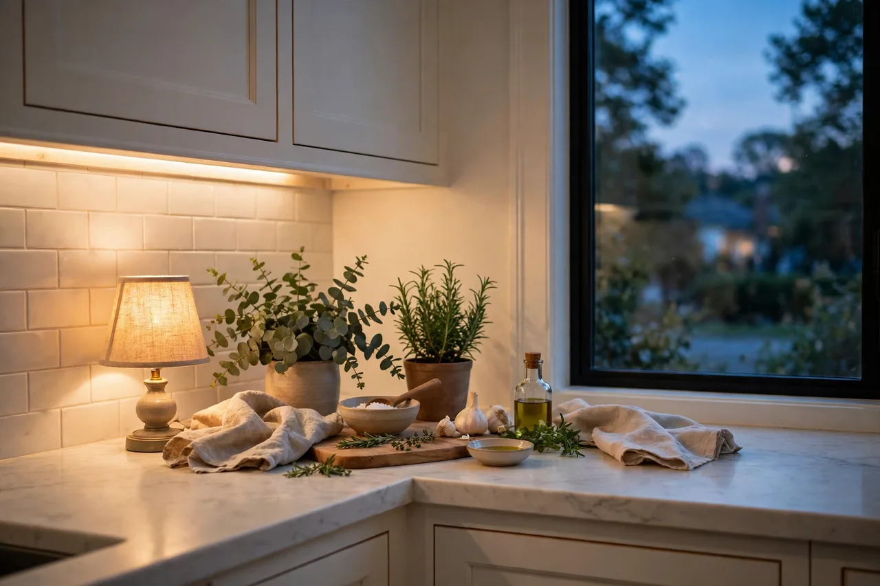 Small lamp glowing warmly on a kitchen counter in the evening
