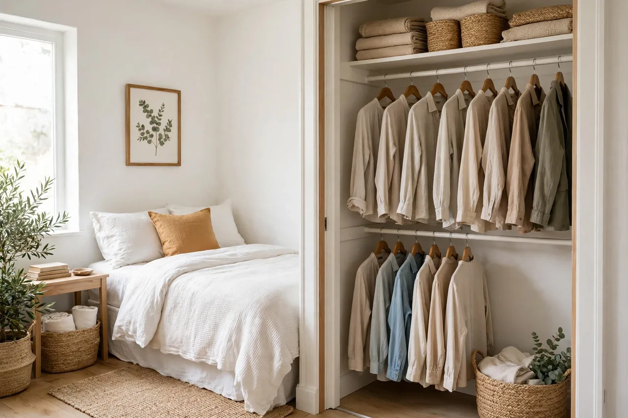 Small closet with a double-hang rod: two tiers of clothes