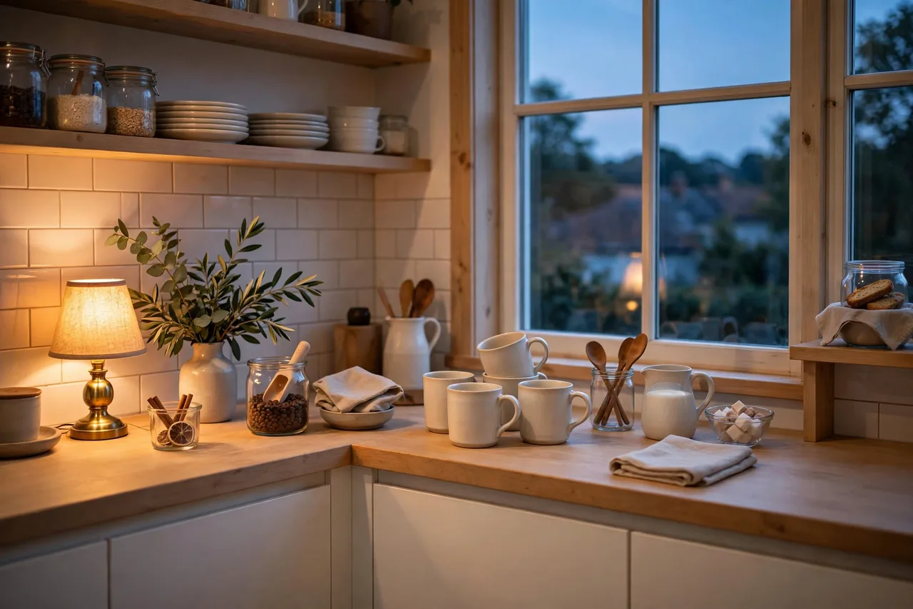 Coffee bar glowing in the evening under a small warm lamp