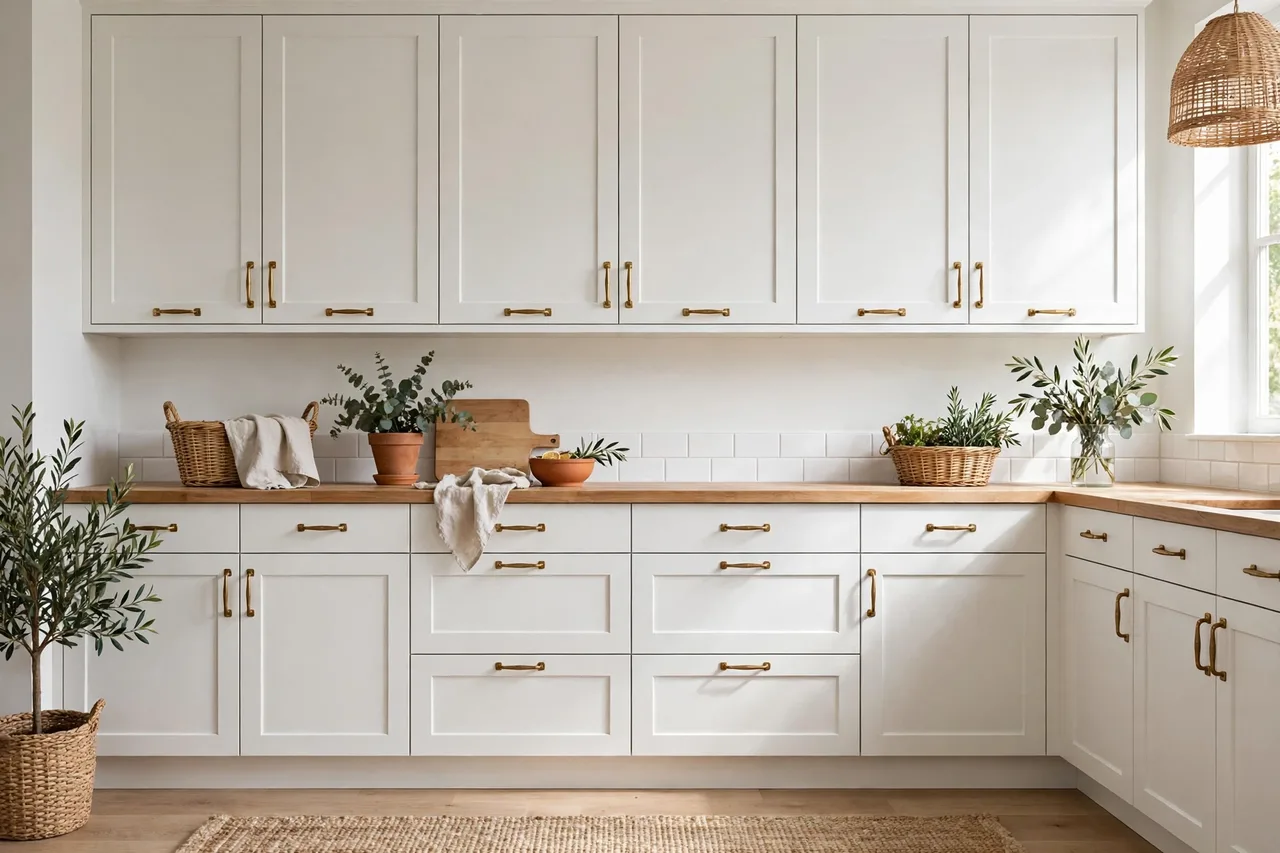 Kitchen cabinets with hardware unified in one brass finish