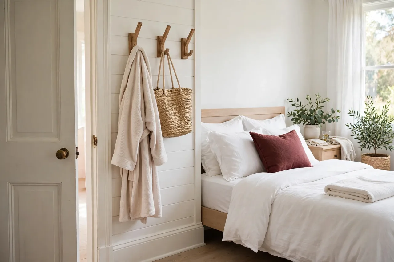 Wooden hooks by a guest room door holding a robe and a tote bag