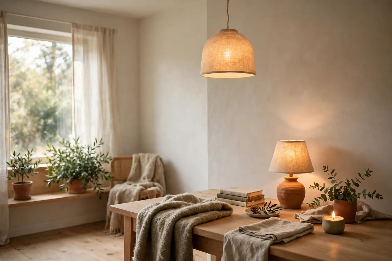 Living room lit in three warm layers of light