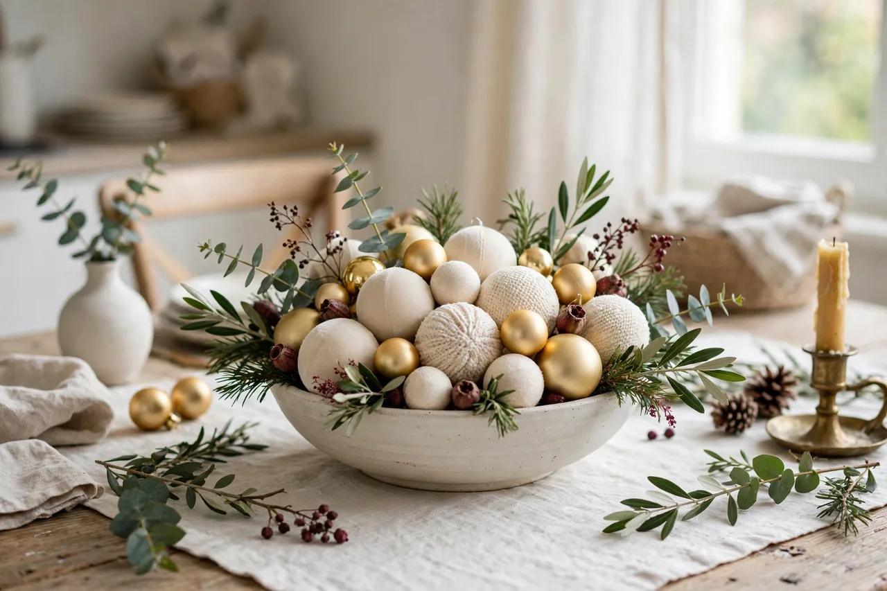 Bowl of cream and gold baubles with greenery as a centerpiece