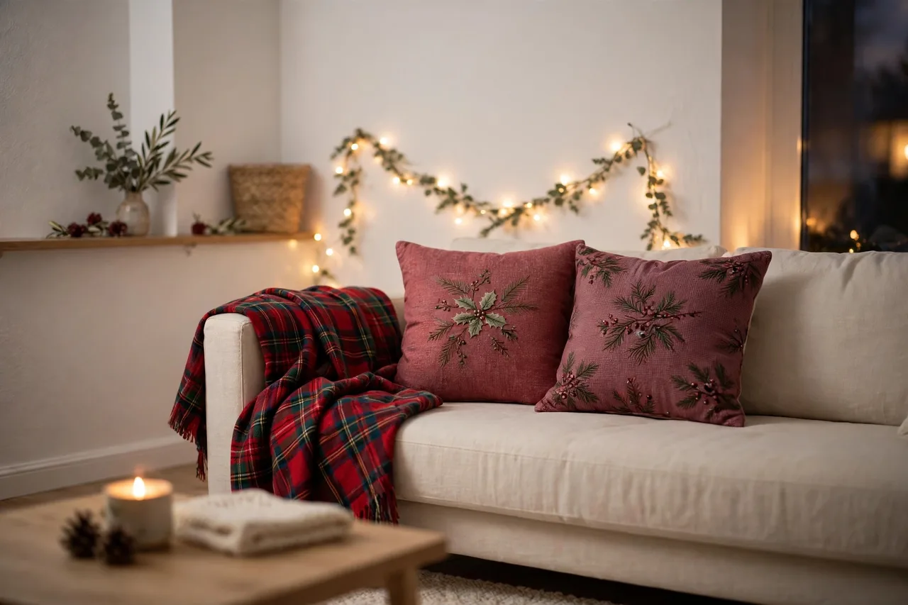 Sofa with plaid throw and festive pillows in warm evening light