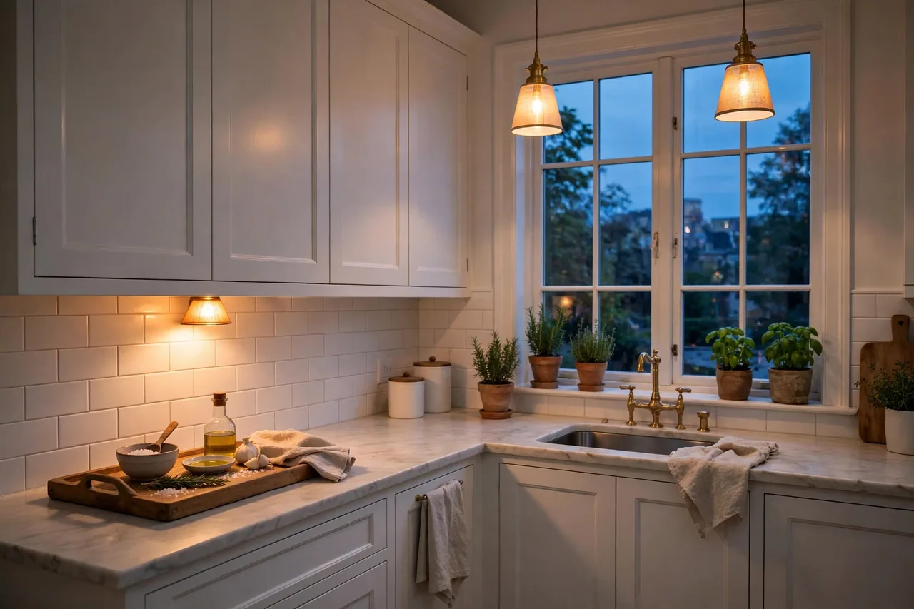 Kitchen glowing in the evening under a small counter lamp