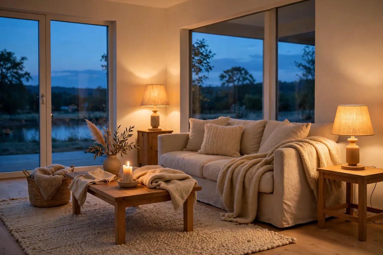 Warm minimalist room glowing at dusk under warm lamps with a candle