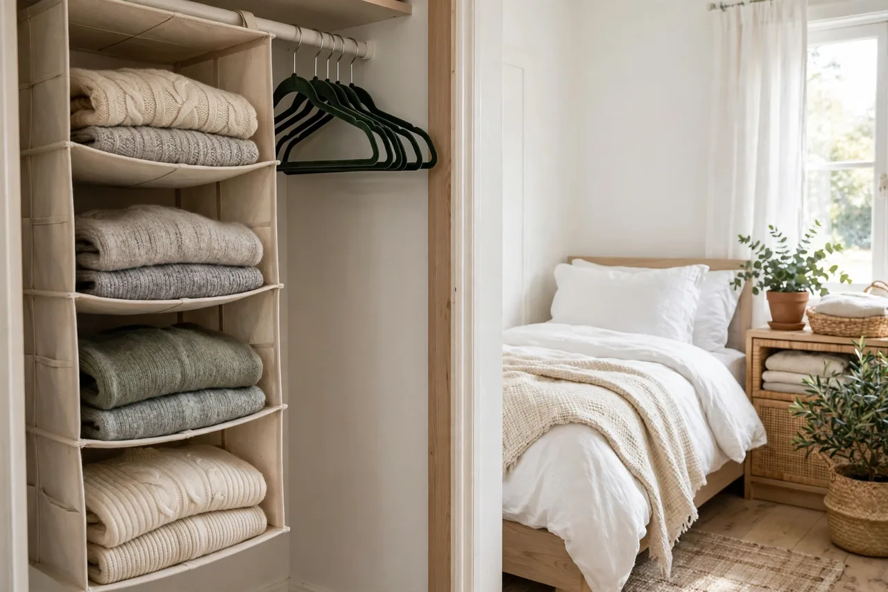 Hanging fabric shelves with folded knits beside slim hangers