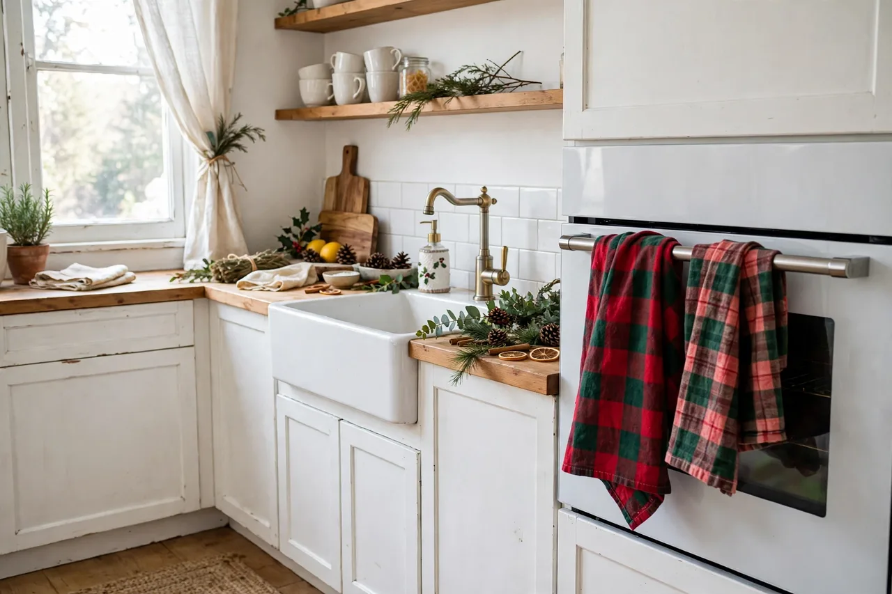 Plaid Christmas dish towels on an oven handle and a festive soap dispenser