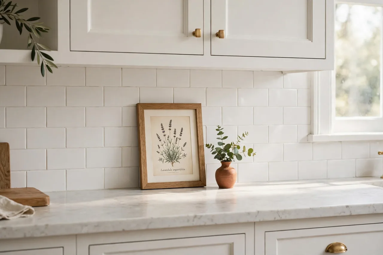 Framed botanical print leaning against a backsplash on a counter