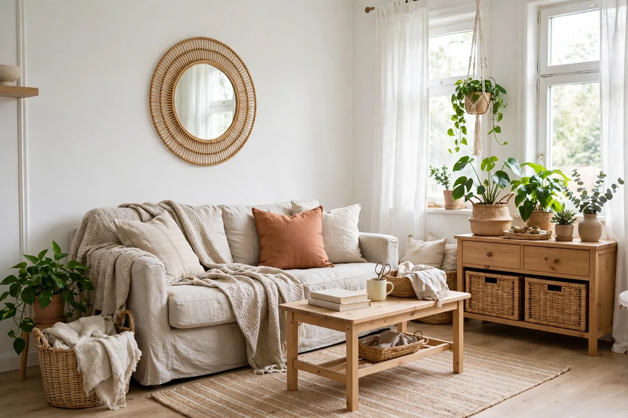 Budget living room after one focused change: rug, cushions, gallery, lamp