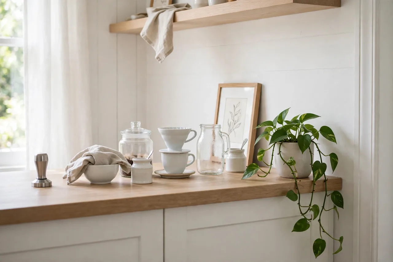 Coffee station with a small plant and a leaning framed print