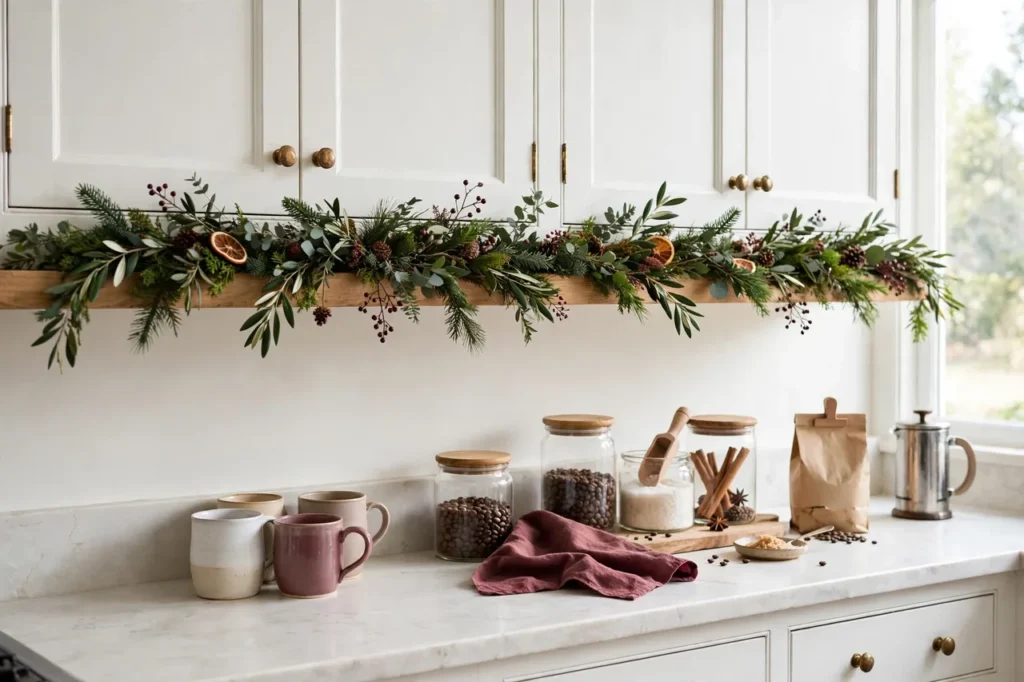 Mini garland along the shelf edge above a kitchen coffee station
