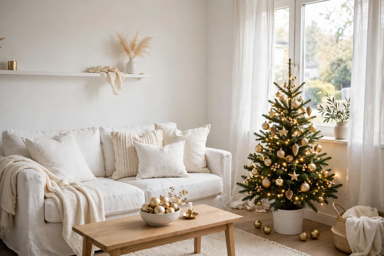 White and gold Christmas living room theme
