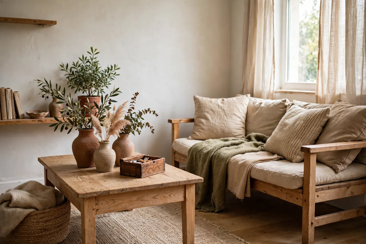 Thrifted wood table and handmade ceramics in a warm white corner