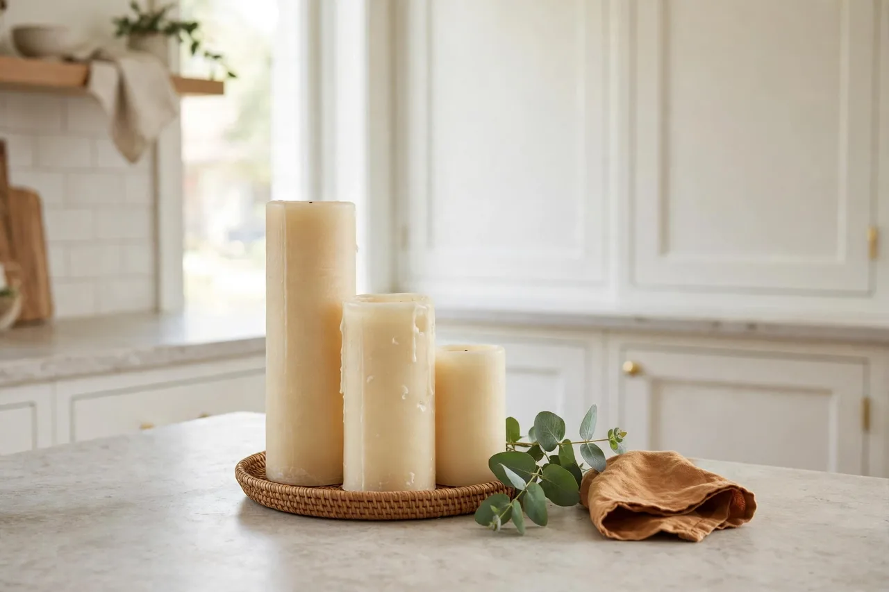 Cluster of three candles on a tray on a kitchen counter