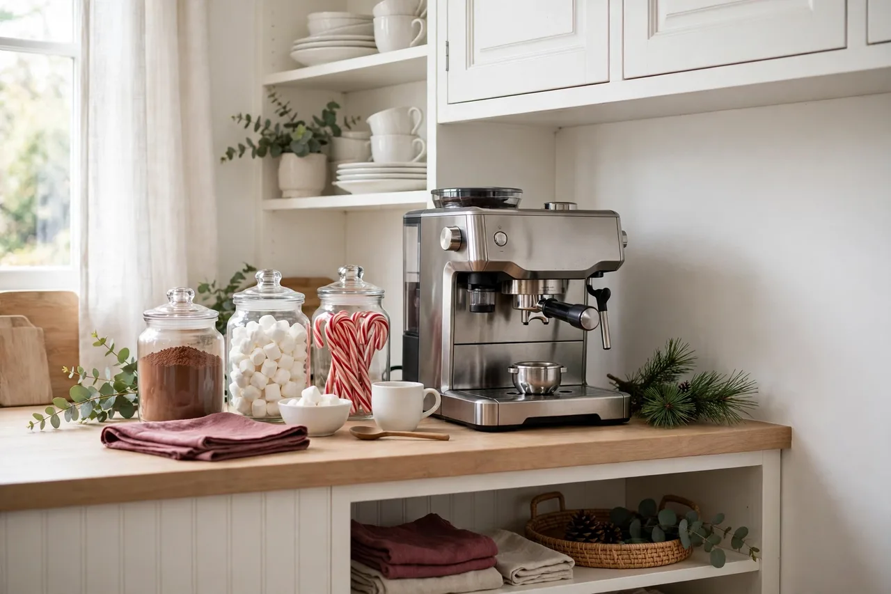 Christmas coffee and hot cocoa bar with marshmallows and candy canes