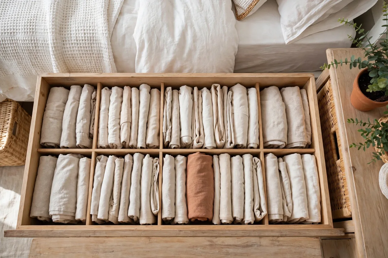 Dresser drawer with dividers and file-folded clothes in neat rows