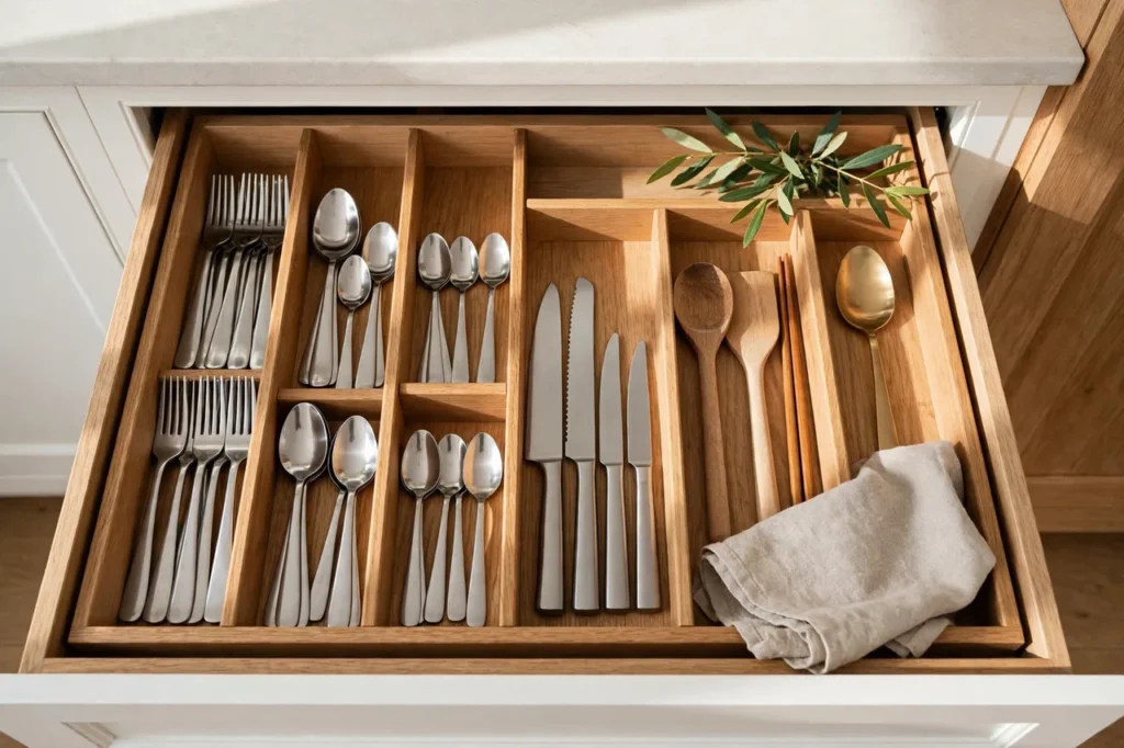 Kitchen drawer with dividers organizing cutlery into neat lanes