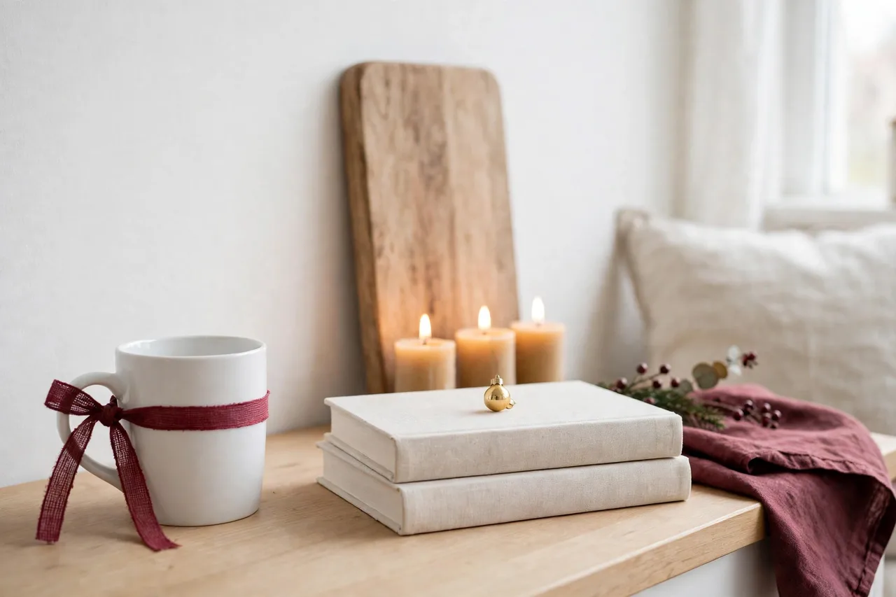 Everyday mug ribbon candles and ornament on books
