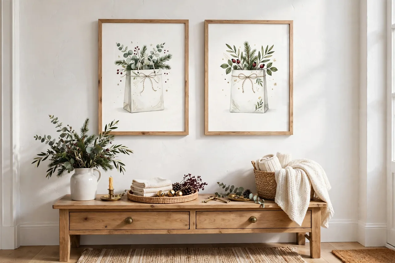 Framed Christmas gift-bag art hanging on a white wall