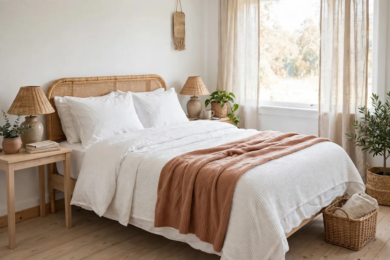 Hotel-calm bedroom: white layered bedding and one woven throw