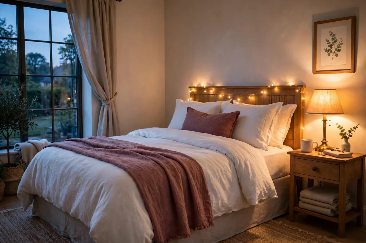 Guest bedroom in the evening lit by a warm bedside lamp