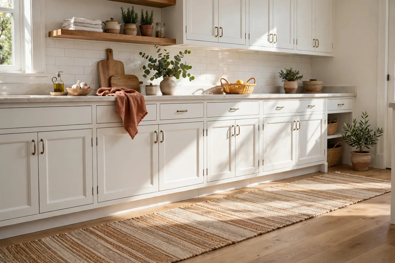 Washable woven runner along a white kitchen floor