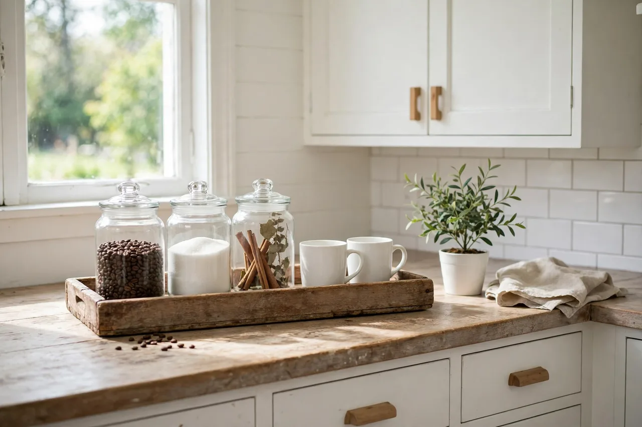Under-$50 coffee bar basket: canisters, pump bottles, thrifted mugs