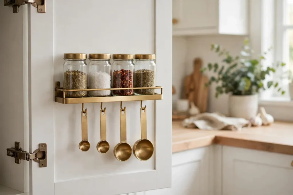 Slim rack on the inside of a cabinet door holding spice jars