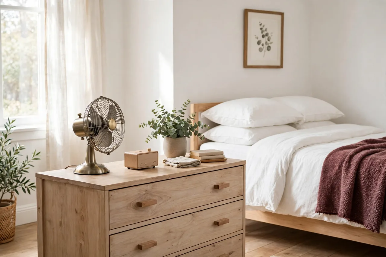 Small fan on a guest room dresser for cool air and gentle sound