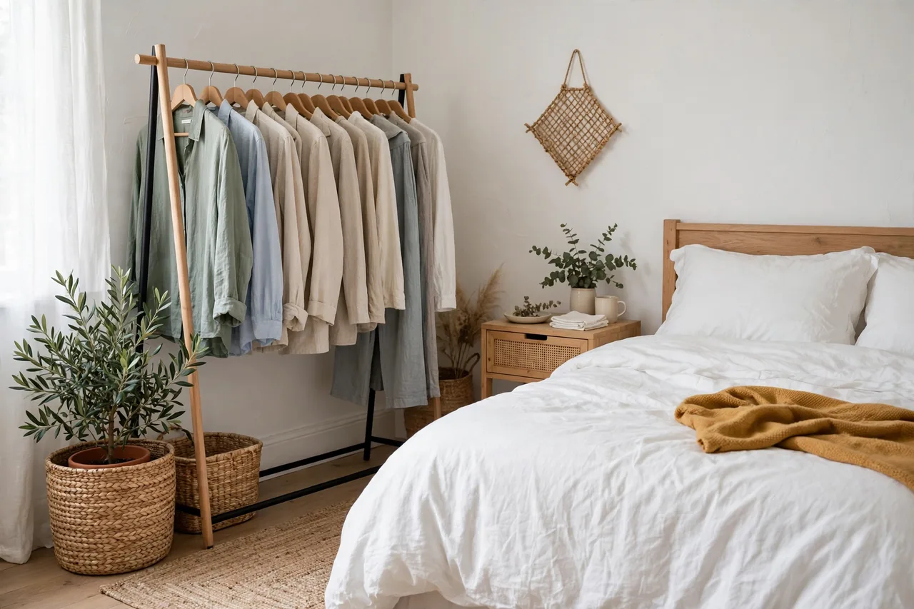 Edited garment rack styled like decor in a bedroom corner