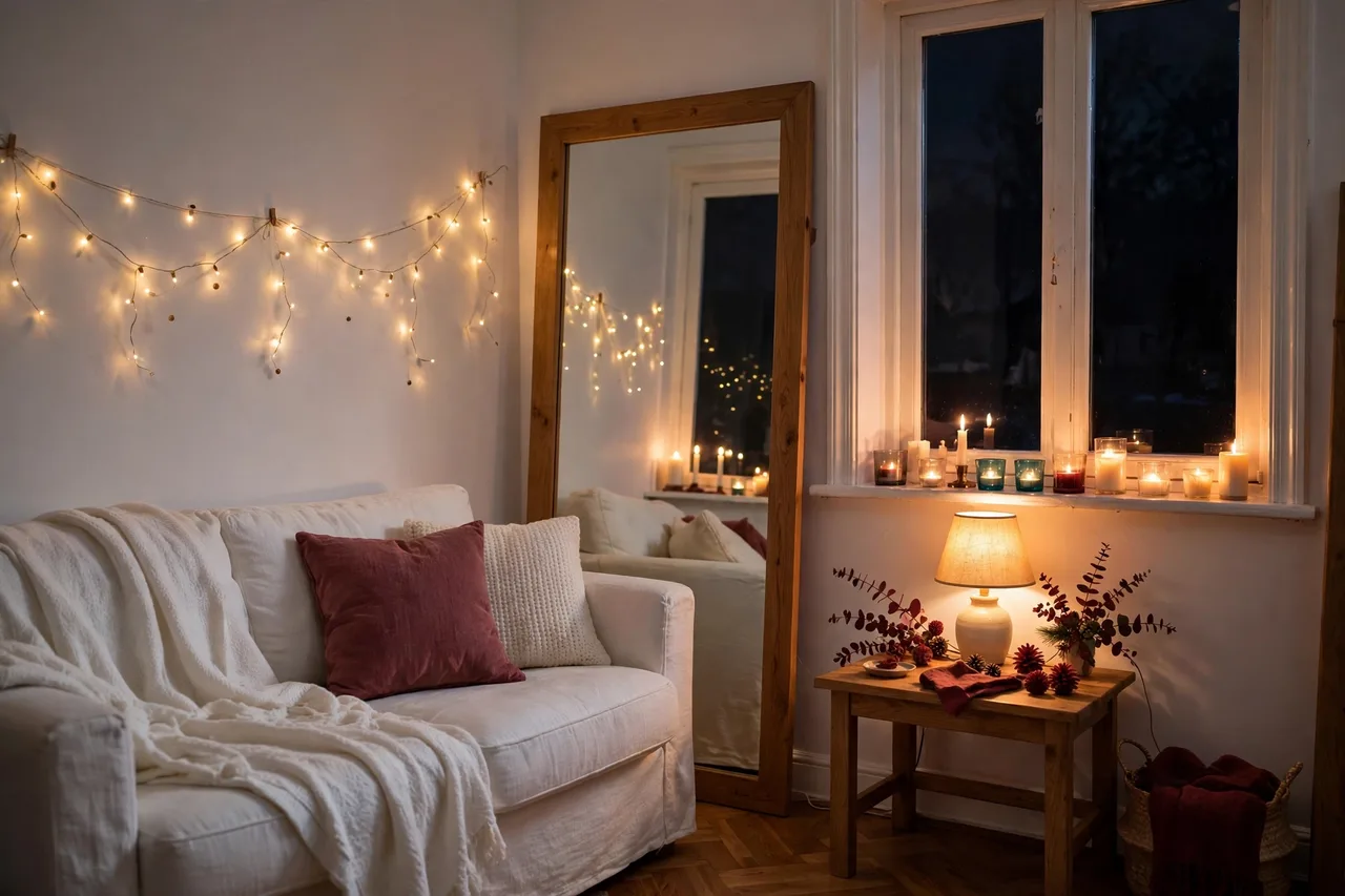 Living room at night with layered fairy lights and mirror glow