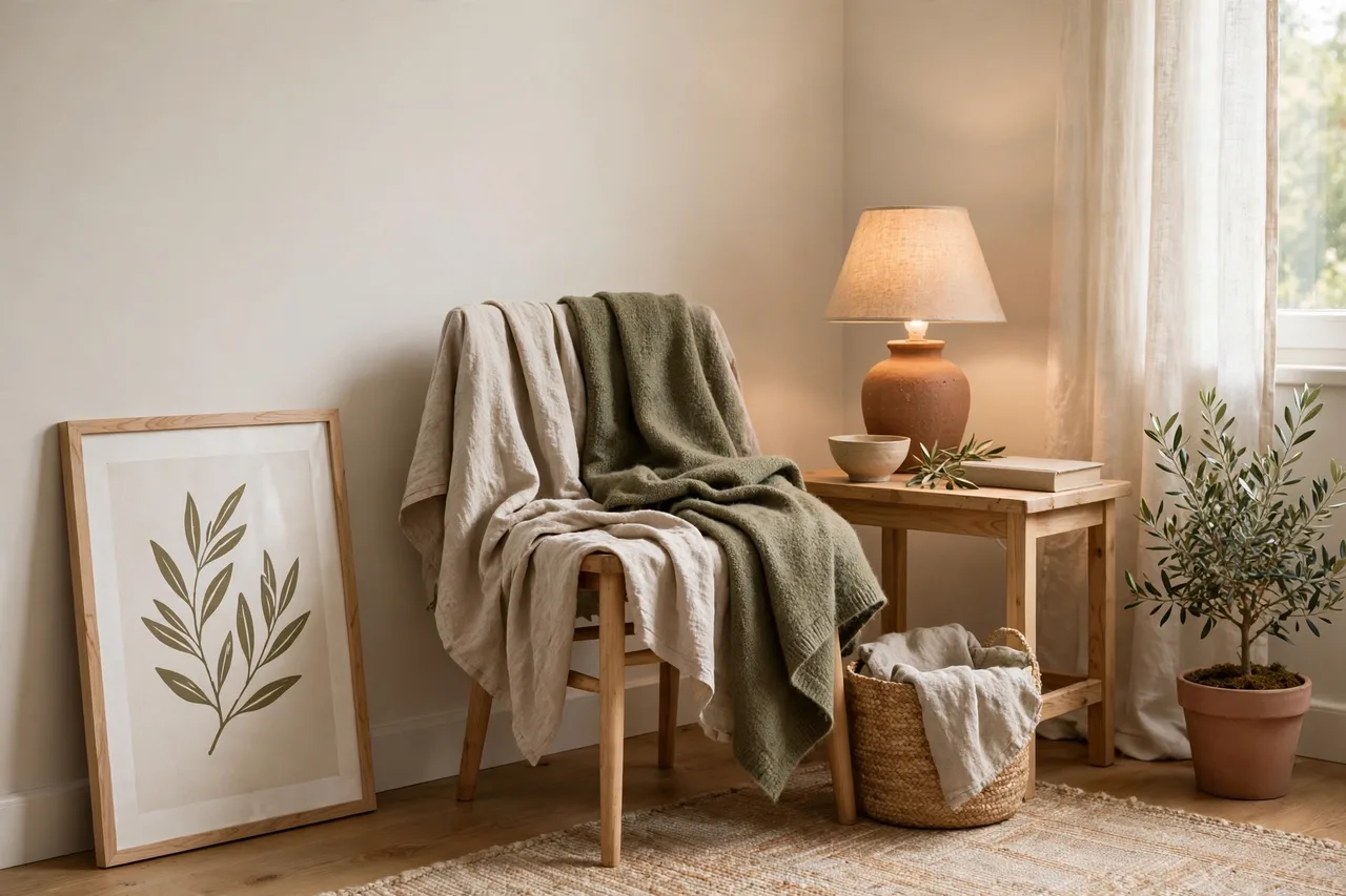 Renter-friendly warm corner with leaned art, textiles and a lamp