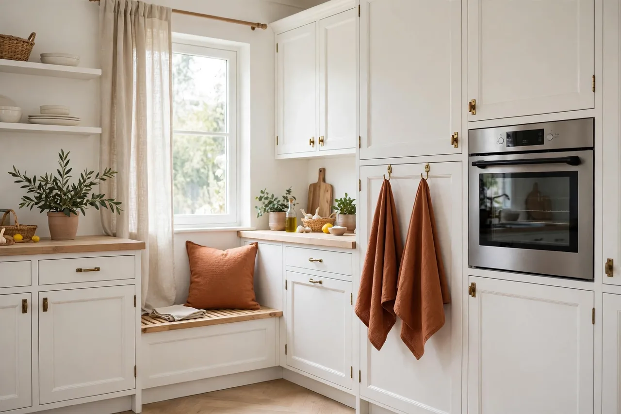 Terracotta towels, linen curtain and cushion carrying the color
