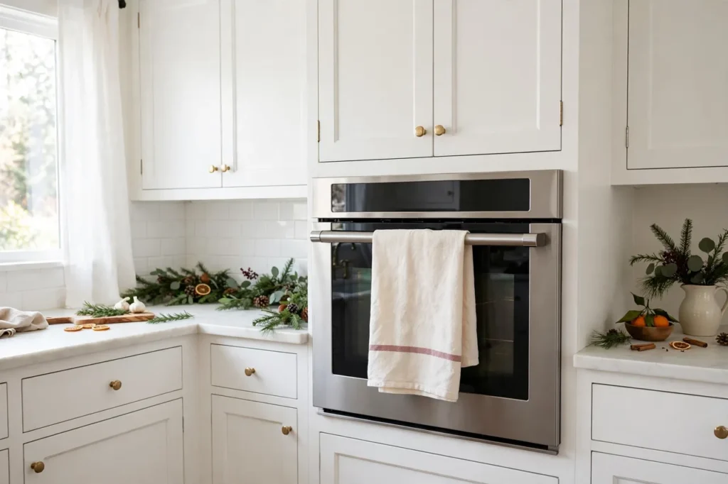 Festive cream towels with a burgundy stripe folded over an oven handle