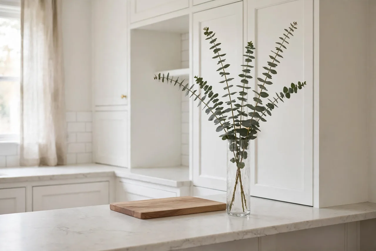 Tall vase with eucalyptus stems on a kitchen counter